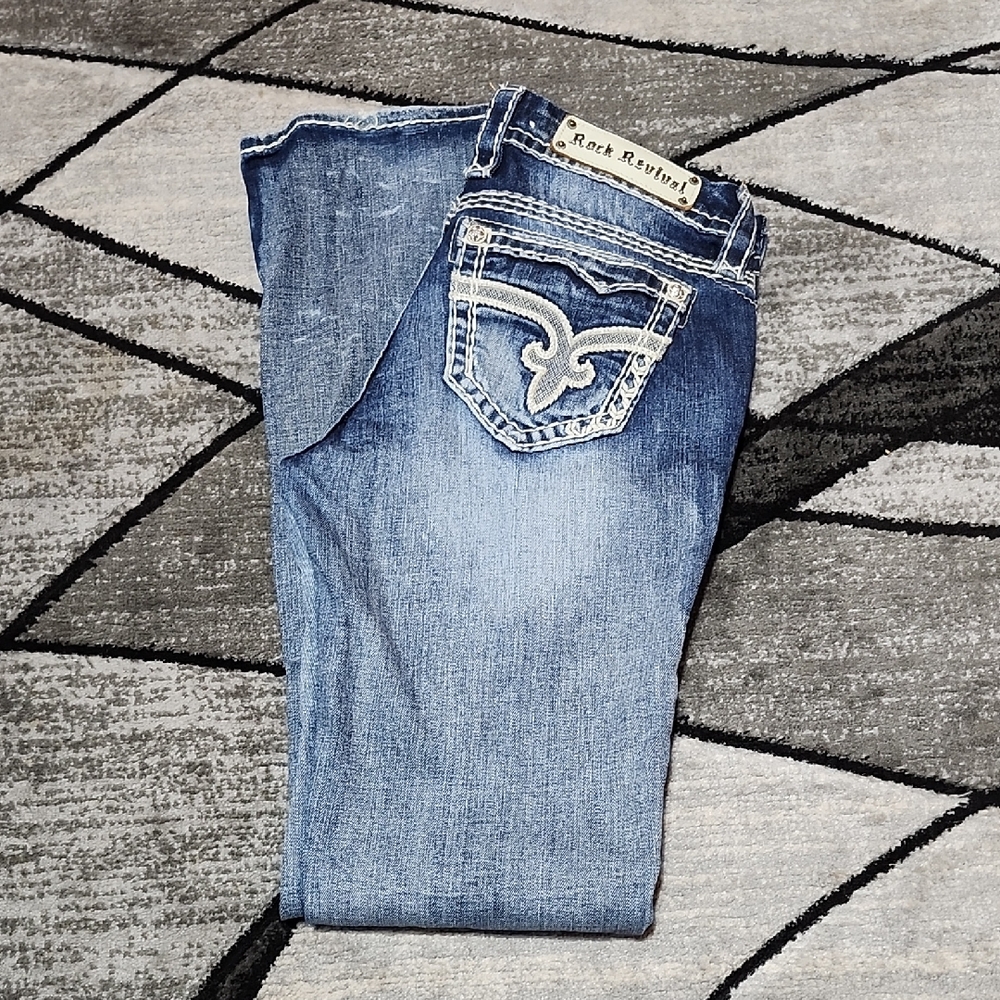 ROCK REVIVAL RAIREL EMBROIDERED FLEUR-DE-LIS EASY-FIT BOOT-LEG DENIM JEAN